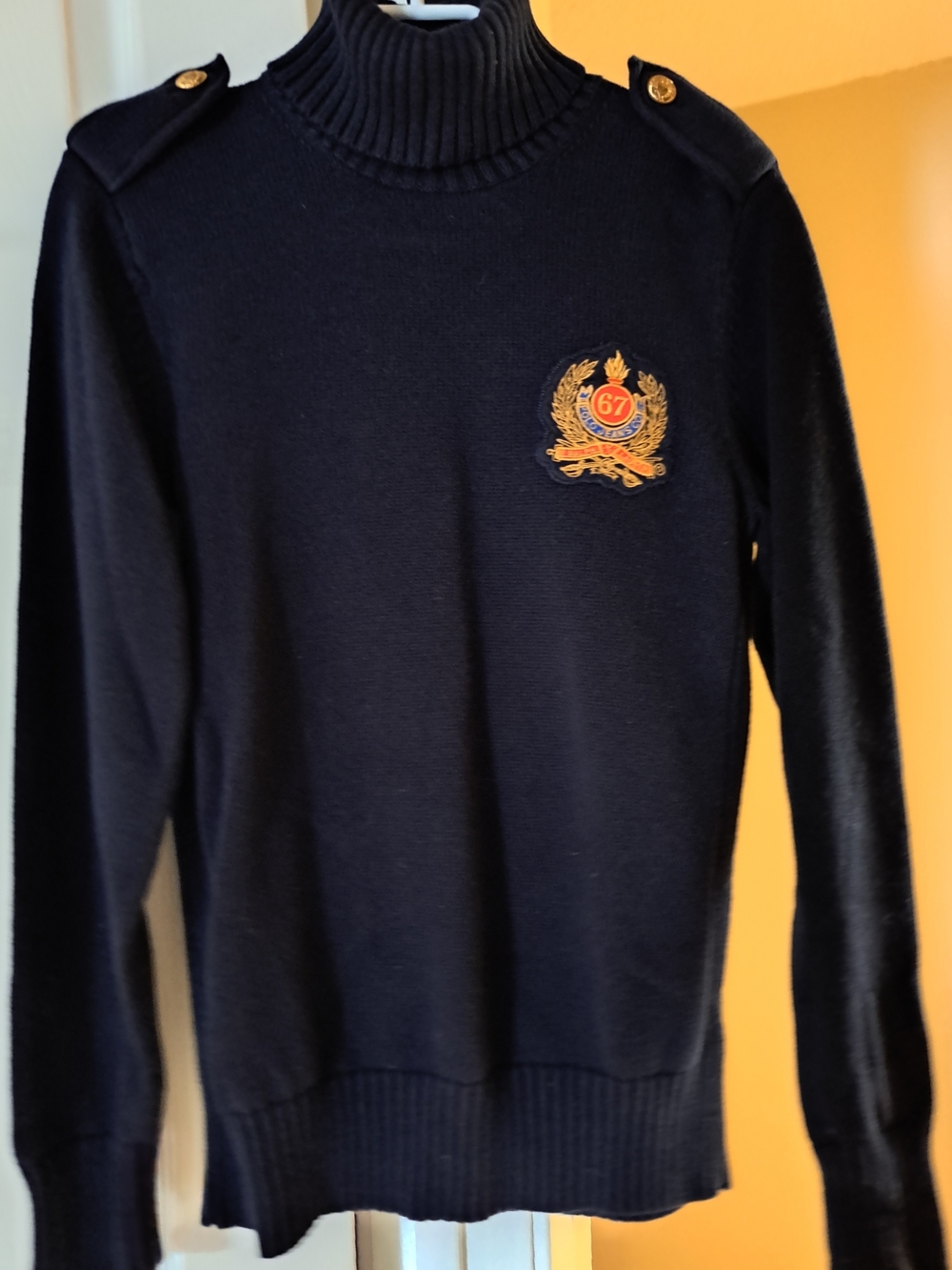 Navy Embroidered Crest Turtleneck Sweater